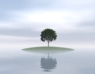 A solitary green tree stands on a small island in calm water under a hazy sky, reflecting peacefully.