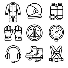 Mission icons vector harness gear pack flight icon spaceflight helmet gauge gloves