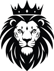 Fototapeta premium Elegant crowned lion head vector, tribal lion illustration, royal animal symbol, black and white majestic lion face design emblem