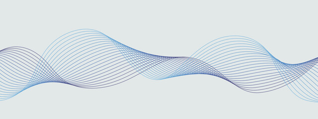 Abstract line wave background. Blue smooth wavy banner. Horizontal poster with flowing dash-dot line wave elements. Curved parallel stroke for tech company, app, music. Vector cover