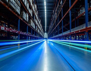 Naklejka premium Warehouse Interior with Lighting: A large warehouse interior with long lines of industrial racks illuminated by streak lighting, creating an atmosphere of organized efficiency.