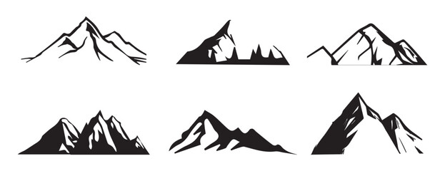 Editable vector set of mountain outlines and rugged peaks in solid black style, designed for outdoor-themed branding, travel materials, and wilderness visuals.