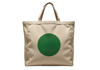 Beige canvas tote bag with large green circle isolated on a transparent background image