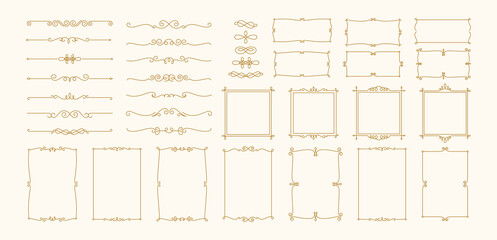 Vintage elegant frames. Retro decorative ornate borders. Gold luxury frame, border with curved scrolls, symmetrical shape elements for invitations, packaging, branding. Vector set