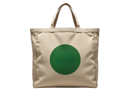 Beige canvas tote bag with large green circle isolated on a transparent background image
