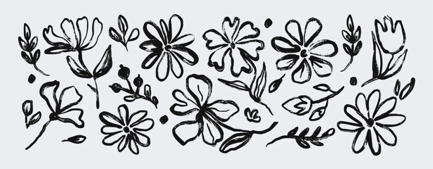 Ink flower. Black brush floral silhouette. Hand drawn grunge textured natural shapes. Sketch painted spring flower, leaves, branches, leaf, blossom, plant. Vector botanical set