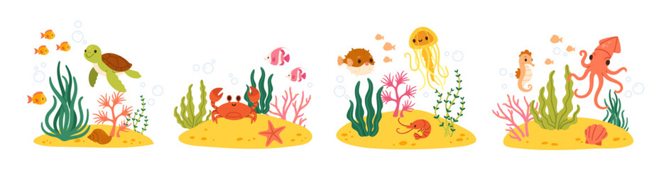 Cute sea animals. Underwater sea fish. Cartoon ocean coral reef composition with algae, shell, plant. Funny turtle, octopus, stars, baby crab, marine seahorse. Kids vector concept © Foxy Fox