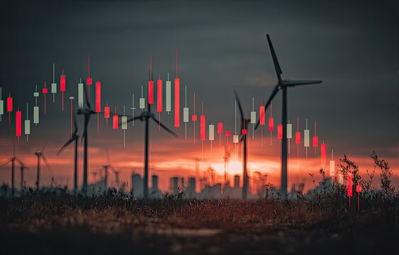 Financial chart overlaid on wind turbines at sunset