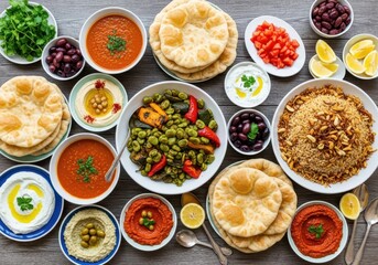A bountiful spread of middle eastern cuisine, featuring various dips, breads, rice dishes, and vegetable plates, presented attractively on a wooden table
