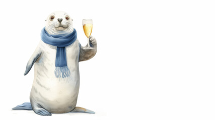 Fototapeta premium Cute seal holding sparkling drink in scarf. New Year party concept.