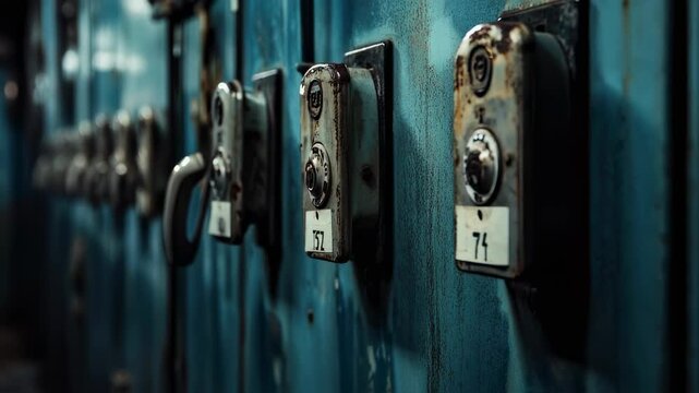 Vintage lockers in a row, perfect for creating a sense of suspense and mystery in videos