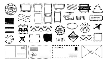 Postage stamps. Vintage mail stamp. Postal and decorative blank templates. Postmarks and cachets with perforated edges in various shapes for mail envelope, post office stamp. Vector set