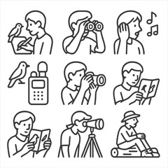 Resting bird song watching icon photo sketching listening icons logging binoculars vector