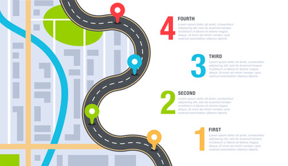 Highway road infographic. Street roads map. Traffic, route GPS navigation. Lane dividers, mile markers, location pins. Points, icons, text bubble. Asphalt path with sign. Vector concept © Foxy Fox