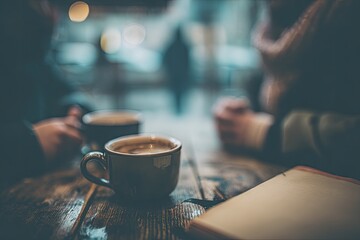 Two people seated at a wooden table, enjoying coffee in a cafe.  Blurred background