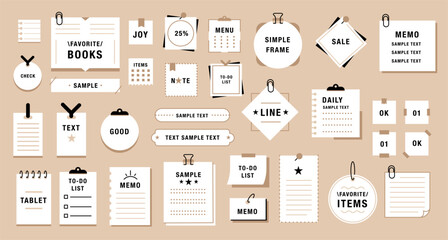 Simple note frames. Japanese style memos. Minimal stationery with layouts. Notebooks and memo papers, lined, grid, blank pages, memory stickers. Organization and writing vector set