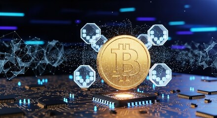 Glowing Bitcoin Symbol over Circuit Board with Blockchain Nodes

