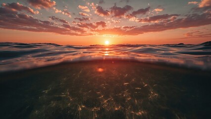 Glowing sun disk hovering at open ocean horizon, with waves, pink clouds, sandy seabed refractions