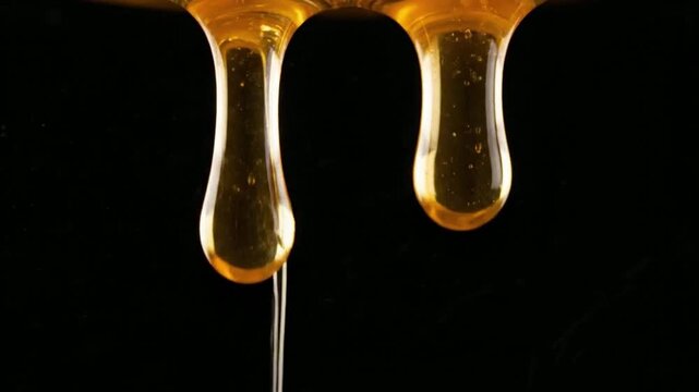 A closeup macro shot of golden honey dripping in a viscous stream against a dark black background