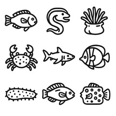Butterflyfish crab dwellers icons icon reef cucumber shark wrasse anemone vector sea