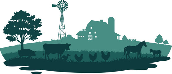 Farm animals silhouette with barn, windmill, tree, and grass, rural countryside vector scene, pig, cow, horse, chickens, goat, background