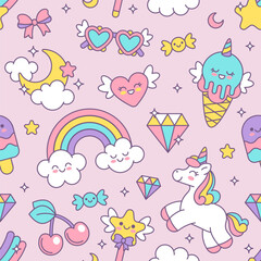 Cute unicorn pattern. Seamless kids rainbow background. Fantasy texture with unicorns, rainbows, hearts, stars. Funny magic baby horse print for textile, wallpaper. Vector illustration