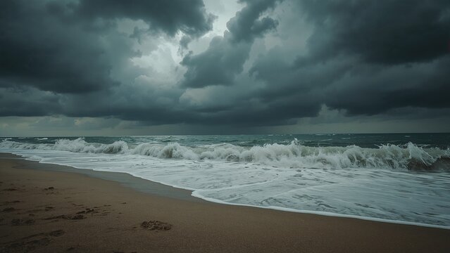 Crashing ocean waves rolling onto sandy shore under dark storm clouds, creating wet sand patterns - Powered by Adobe