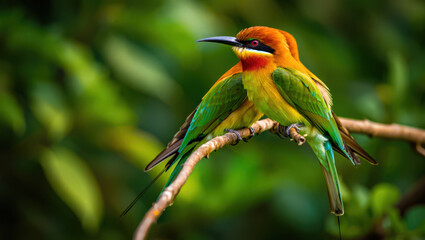 A Pair of Rainbow Bee-Eaters Perched on a Branch A vibrant image of two bee eaters in their natural environment, showcasing their colorful plumage and social behavior