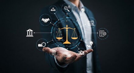 Law concept businessman holding scales of justice with technology icons