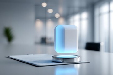 Futuristic tech display modern office digital art minimalist design close-up view innovation concept