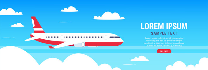 Flying airplane in sky. Plane between clouds. Dynamic airplane soaring through blue skies. Commercial jetliner with passenger on horizontal background. Vector travel concept
