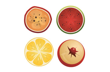 set of fruit slices icons illustration summer watermelon lemon passion fruit peach isolated transparent