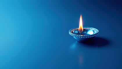 Fototapeta premium Lighted diya on blue surface for diwali celebration and decoration