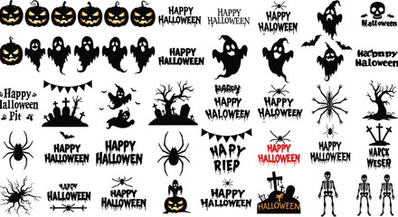 Halloween silhouette bundle with pumpkins, ghosts, spiders, skeletons, haunted trees, banners, bats, graveyards, text designs, scary clipart collection