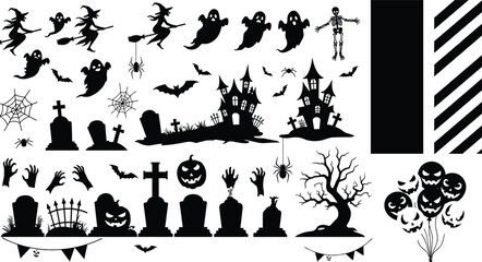 Halloween silhouette bundle, witch ghost bat spider, haunted house tombstone tree, scary horror clipart set for spooky decoration
