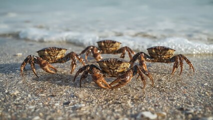 Crawling four brown shore crabs crossing wet sandy shoreline, shell fragments and wave foam