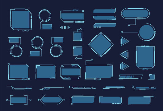 Futuristic interface elements. UI callouts titles. Tech bar labels, circular dashboards, holographic panels, high tech scanning lines, game UI graphic box, HUD frames. Vector set