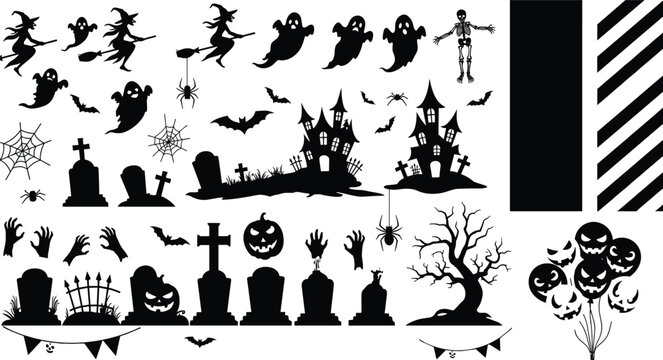 Halloween silhouette bundle, witch ghost bat spider, haunted house tombstone tree, scary horror clipart set for spooky decoration