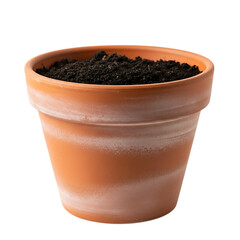 Terracotta plant pot filled with dark soil isolated on transparent background