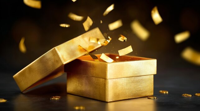 Gold box with gold confetti falling out of it. The box is open and the confetti is scattered around it. Concept of celebration and joy - Powered by Adobe