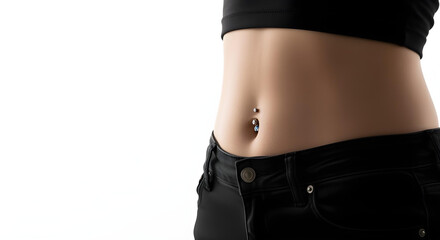 Close-up of young woman&rsquo;s waist with delicate navel piercing in bright minimalist studio.
