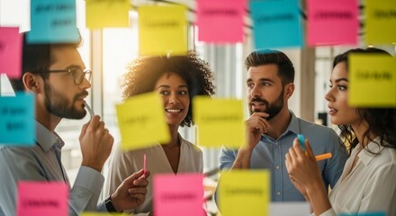 Group of workers professionals problem solving with colorful paper sticky notes on glass board in an office. Brainstorm and multitasking. Business planning and teamwork. Selective focus