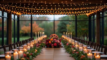 Elegant long table setting with flowers and candles under string lights