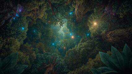 Naklejka premium Revealing dense forest canopy stretching overhead in forest floor view, with glowing floating orbs