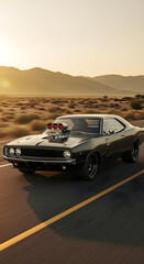 Obraz premium A sleek black vintage muscle car speeds down a sunlit highway, its supercharged engine roaring. 