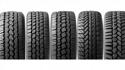 Variety of vehicle tires displaying different tread patterns for enhanced traction and performance