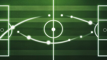 Displaying neon pitch markings showing curved passing paths on green field, with glowing dots