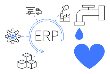 ERP cycle links logistics, production, water management, team collaboration, and resources. Ideal for technology, business management, sustainability, process optimization workflow industrial