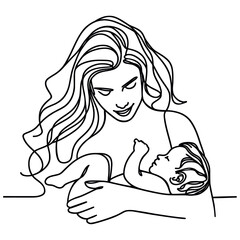 Happy Mother day. Continuous one line drawing. Woman hold her baby. Vector illustration
