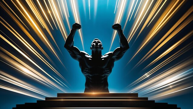 Standing male silhouette raising fists on arena podium, with illuminated steps and light beams